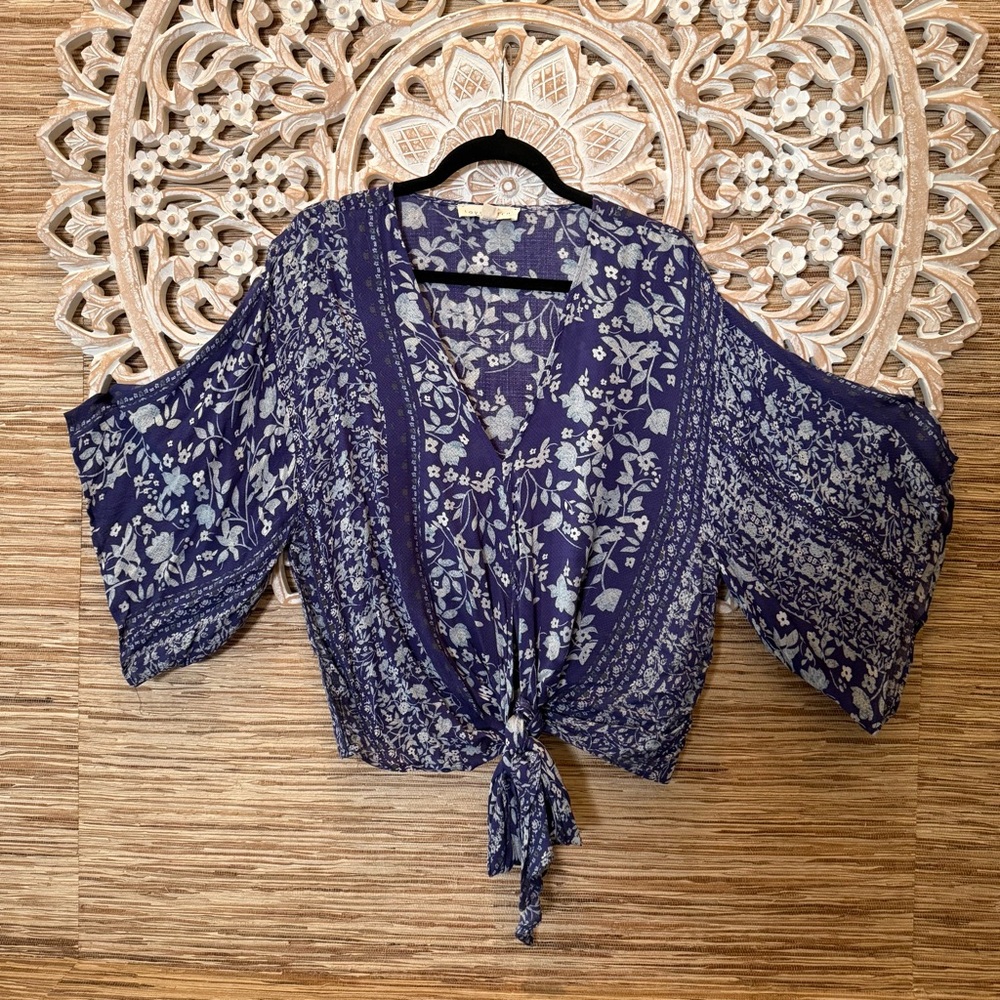 Lovestitch Blue and White Tie Front Boho Blouse